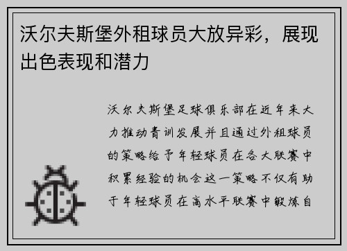 沃尔夫斯堡外租球员大放异彩，展现出色表现和潜力